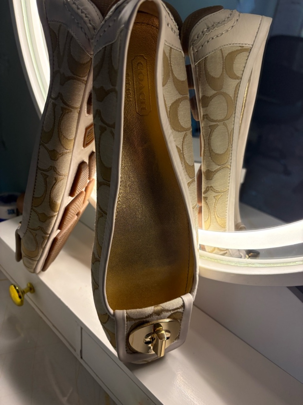 Coach Cream & Light Khaki Signature Ballet Flats with Gold Accent - Picture 4 of 16